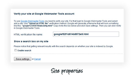 Edicy site properties - verify your Google Webmaster Tools account